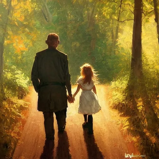 Image similar to A painting of a father and daughter walking through a beautiful forest holding hands, brunette hair, golden hour, art by Kenne Gregoire and Krenz Cushart, Norman Rockwell trending on artstation