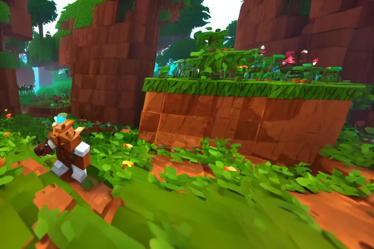 Image similar to Hytale Gameplay, Kweebec running through a forest, depth of field shot