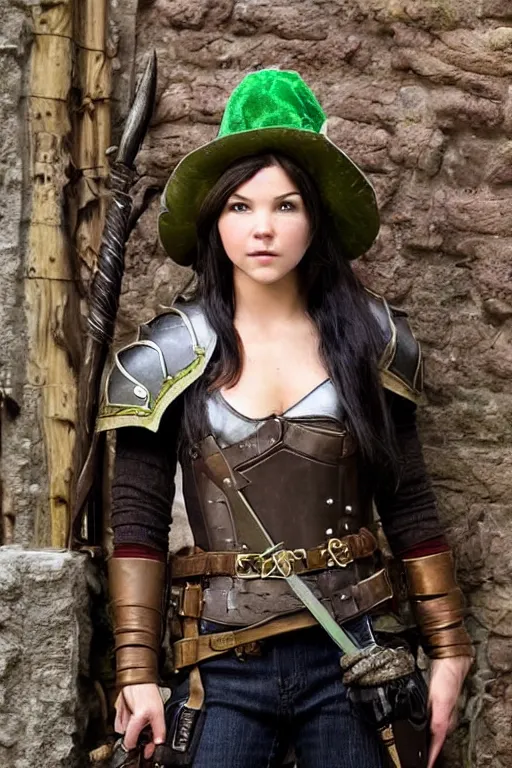 Prompt: fantasy character photo. female ranger. danielle campbell. facial expression of manic obsessive love. tall, lanky, athletic, wiry. brown & dark forestgreen leather armor. little feathered hat, lightgreen, worn at jaunty angle. black hair in ponytail. bright blue eyes. leaning against the exterior wall of a tavern