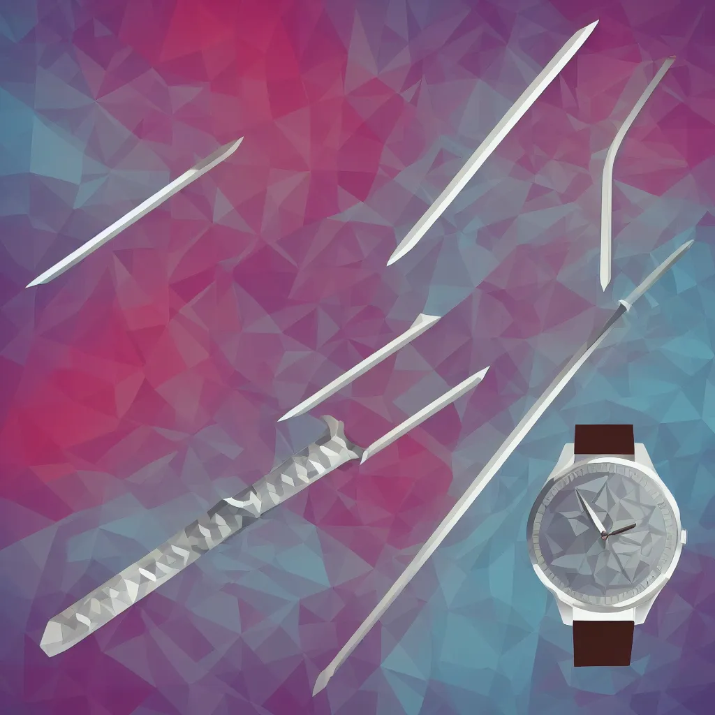 Prompt: sword and watch, minimal digital art with geometric graphics. no text, no watermarks, music album art.