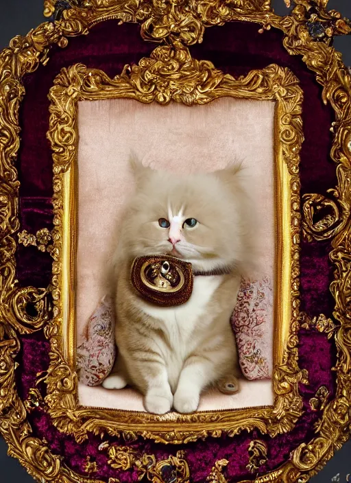 Image similar to a magnificent portrait of a cross - eyed cute fluffy fat cat on a precious embroidered velvet cushion on a neo - rococo gilded little bed with precious stones, ball of yarns all around, by pierre et gilles, photorealistic, canon r 3, photography, wide shot, symmetrical features, symmetrical pose, wide angle shot, standing pose, feet on the ground