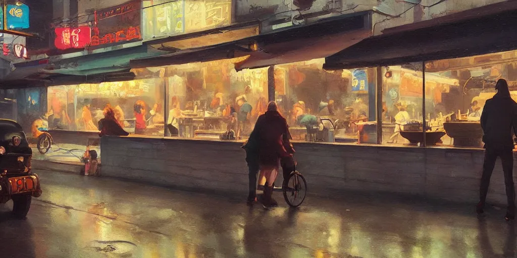 Image similar to people eating at street food noodle shop, chillwave, electronic billboards, tech noir, wet reflections, atmospheric, ambient, livia prima, greg rutkowski, edward hopper, pj crook