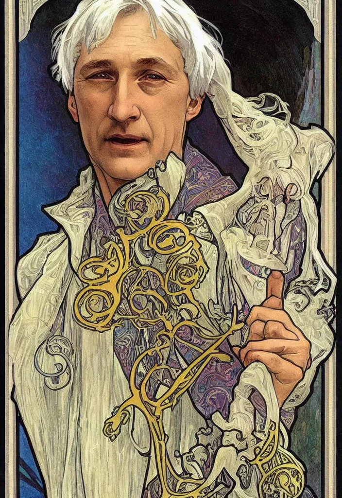 Image similar to realistic white - haired geoffrey hinton on a tarot card, tarot in art style by alphonse mucha