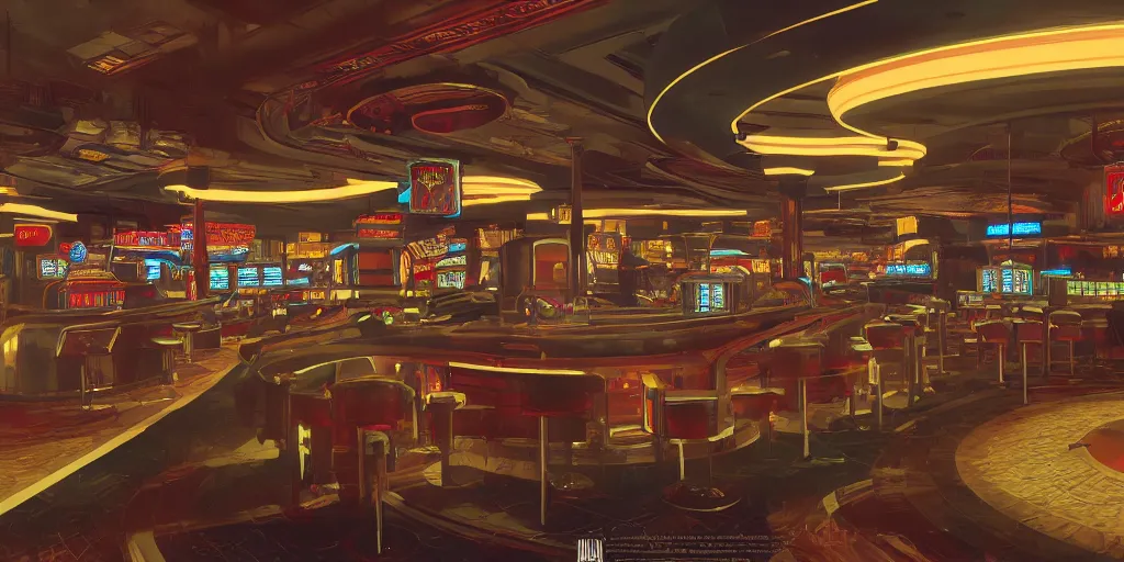 Prompt: fallout concept art neodeco las vegas casino interior render grim realistic lighting unreal engine 5