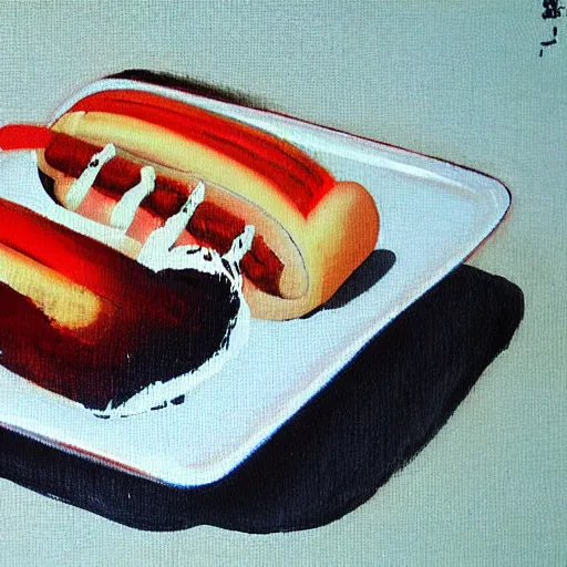 Prompt: high quality vintage brush painting of hot dog and coke by isami kondo