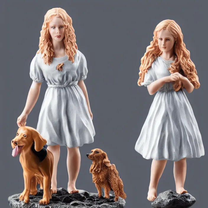 Prompt: 80mm resin detailed miniature of a Girl and a Dog, wavy hair, Product Introduction Photos, 4K, Full body,