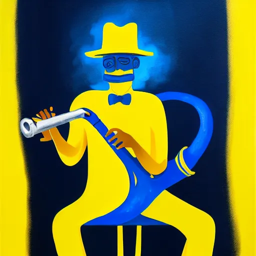 Image similar to man in a yellow costume, yellow hat, holding a saxophone, smoking a cigarette, blue skin, blue smoke, black background, sitting, painting, artwork, meditative