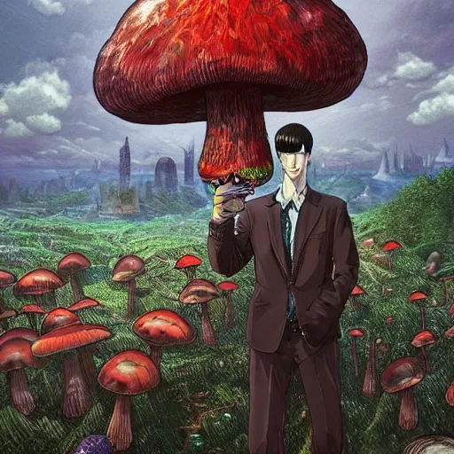 Image similar to A centered chest up portrait of a psychedelic godlike atlas mothman smoking a hand-rolled cigarette smoking heavily , magic mushroom village in background , award winning. superb resolution. in the art style of junji Ito and greg rutkowski . Detailed Mushroom city in background. Hyper realistic anime. Perfect art. Dalle2