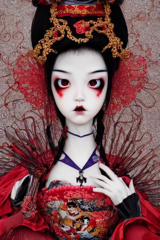 Image similar to high angle photo an avant - garde japanese bjd geisha vampire queen in a victorian lolita fashion red dress in the style of lovecraftian horror painted by yoshitaka amano, takato yamamoto, ayami kojima, dmt art, symmetrical vogue face portrait, intricate detail, artstation, cgsociety, artgerm, rococo