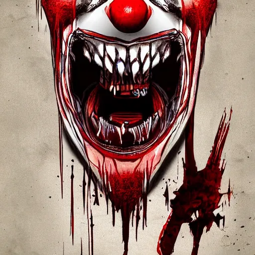 Prompt: a killer clown with sharp fangs and scars, hyper-detailed digital painting