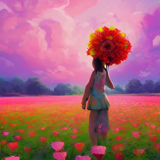 Image similar to giant rose flower head, full body girl sitting in a flower field, surreal photography, sunrise, dramatic light, impressionist painting, colorful clouds, digital painting, artstation, simon stalenhag