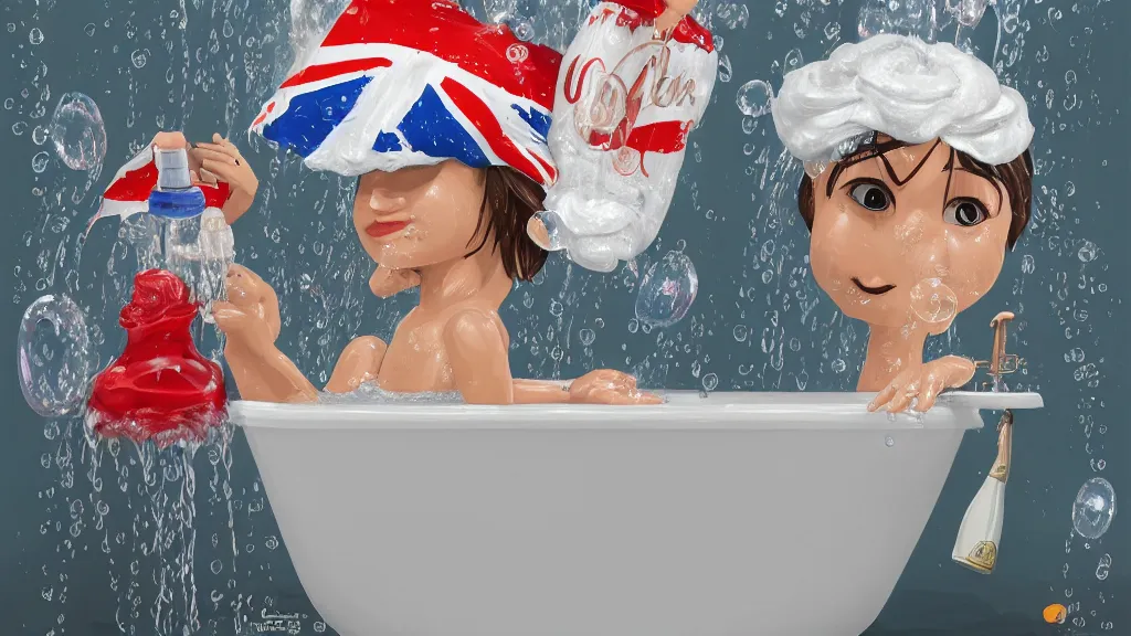 Image similar to Frank Dillane taking a bubble bath in an old-fashioned bathtub, bubbles, bashful, shy, adorable, shower cap, rubber ducky, union jack bath towel, beer bottle, artgerm, disney colors, artstation, epic composition, award winning artwork, trending on artstation, high quality printing, Ilya Kuvshinov