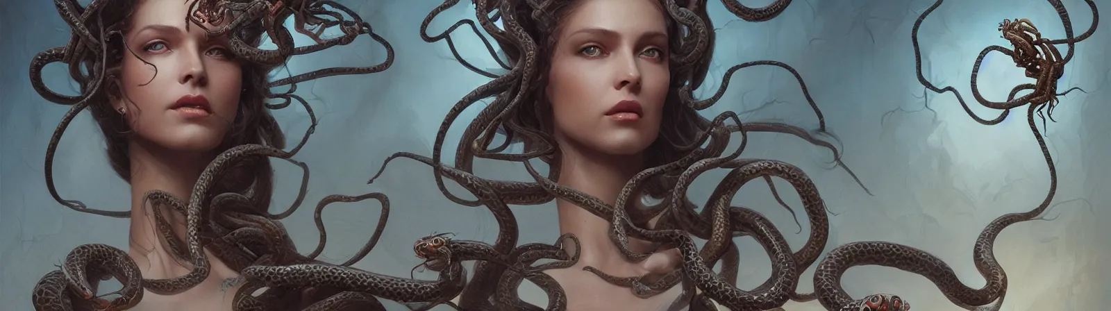 Image similar to beauty woman with snakes for hair, Medusa, detailed face, surrounded by spiders, very detailed, dramatic lighting, electrical details, high details, 4k, 8k, trending on artstation, by Greg Rutkowski, Wayne Barlowe, Hajime Sorayama and Boris Vallejo