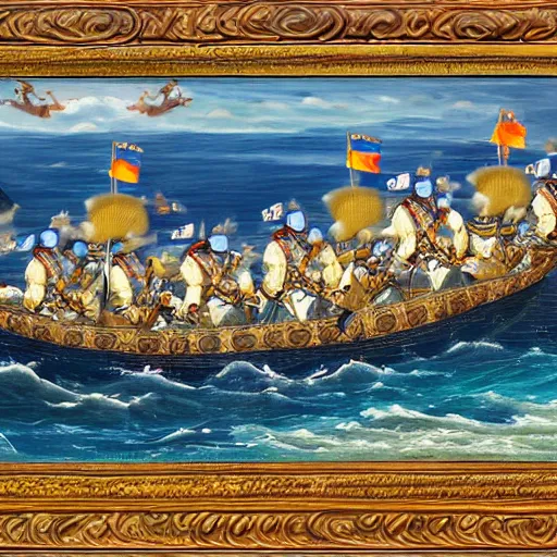 Image similar to A boat with Mongolian soldiers sailing across the sea, painting, stunning, 4k, HD, intricate detail