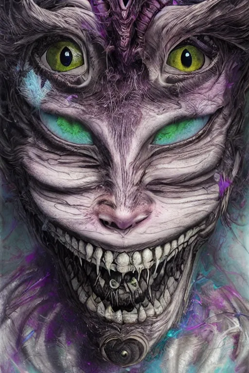 Image similar to dream portrait of Cheshire Cat from Alice in Wonderland,full character, melting ,8k,by tristan eaton,Stanley Artgermm,Tom Bagshaw,Greg Rutkowski,Carne Griffiths, Ayami Kojima, Beksinski, Giger,trending on DeviantArt,face enhance,hyper detailed,minimalist,cybernetic, android, blade runner,full of colour