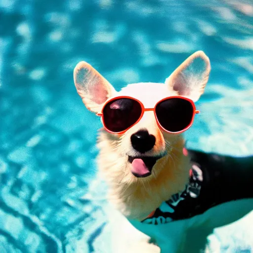 Prompt: photo of dog wearing sunglasses in swimming pool cinestill, 8 0 0 t, 3 5 mm, full - hd