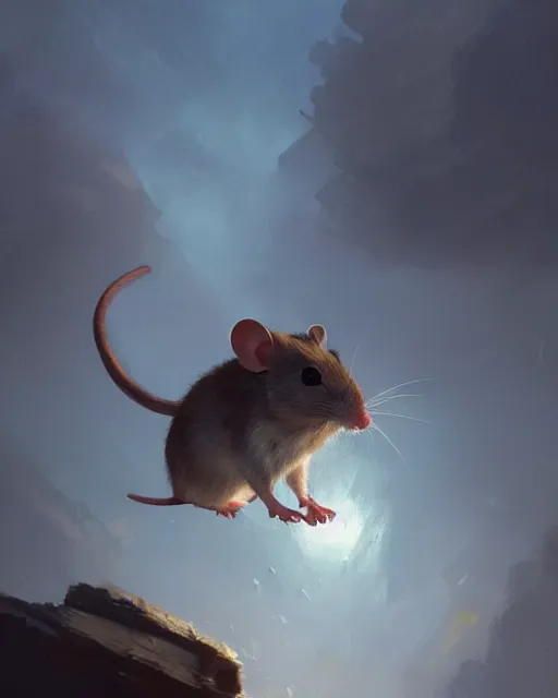 Image similar to a small mouse looks upwards, he is curious about what he sees, digital portrait by greg rutkowski, fantasy art, concept art, by disney concept artists, cinematic lighting, evening light, trending on artstation, cgsociety