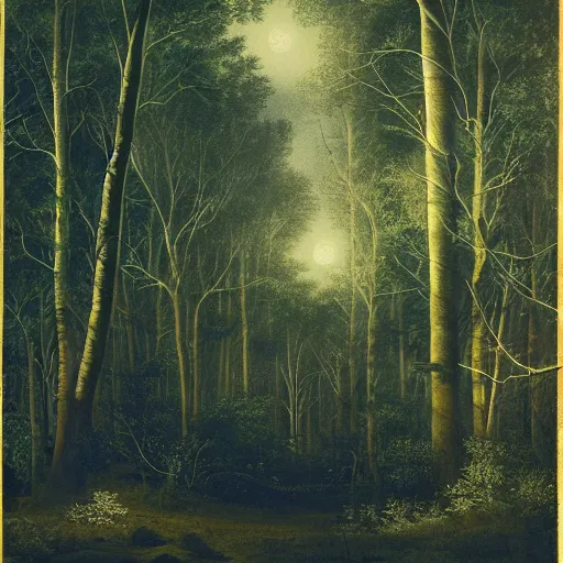 Prompt: a night time dark forest of extremely very tall trees, wispy leaves, moonlit night, fireflies, by asher brown durand, by iyoshitaka amano