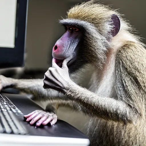 Image similar to a baboon programming, he is angrily shouting at his computer screen because the wifi crashed, in the office