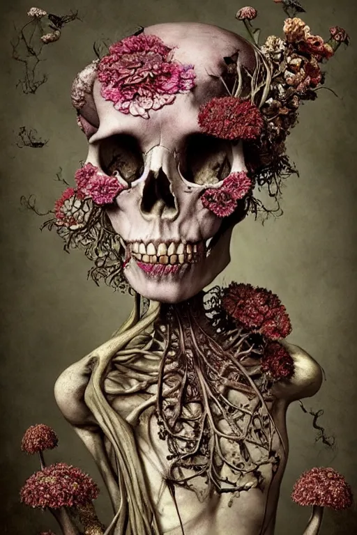 Prompt: beautiful and detailed rotten woman corpse becoming almost a skull with face muscles, veins, arteries, fractal plants and fractal flowers and mushrooms growing around, intricate, ornate, surreal, ray caesar, john constable, guy denning, dan hillier