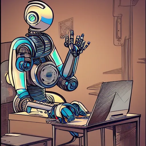 Prompt: a robot illustrator doing overtime at the office, trending on artstation, beautiful coloring