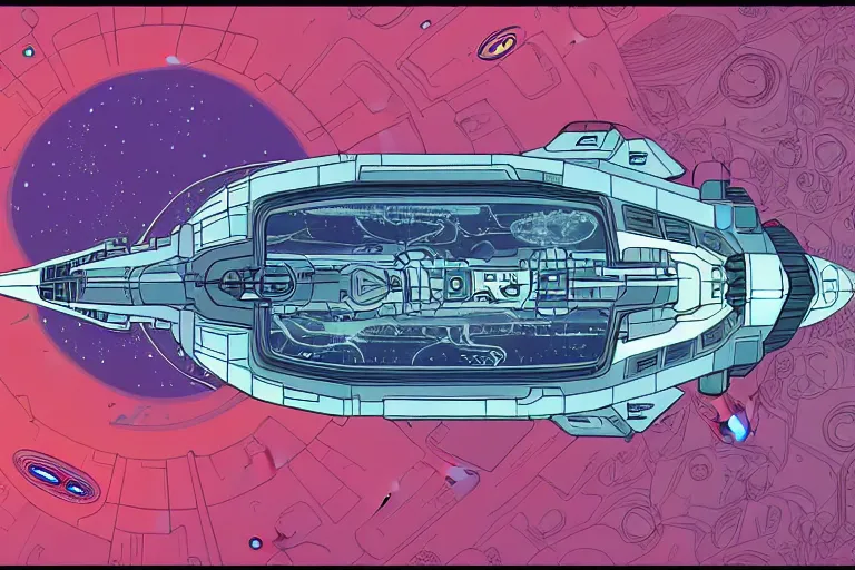 Image similar to a scifi illustration, hyper detailed spaceship interior. top down view. flat colors, limited palette in FANTASTIC PLANET La planète sauvage animation by René Laloux