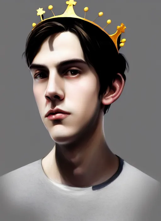 Image similar to portrait of teenage jughead jones wearing a light grey crown, photorealistic, crown made of fabric, crown made of felt, black hair, intricate, elegant, highly detailed, digital painting, glowing lights, artstation, concept art, smooth, sharp focus, illustration, art by wlop, mars ravelo and greg rutkowski