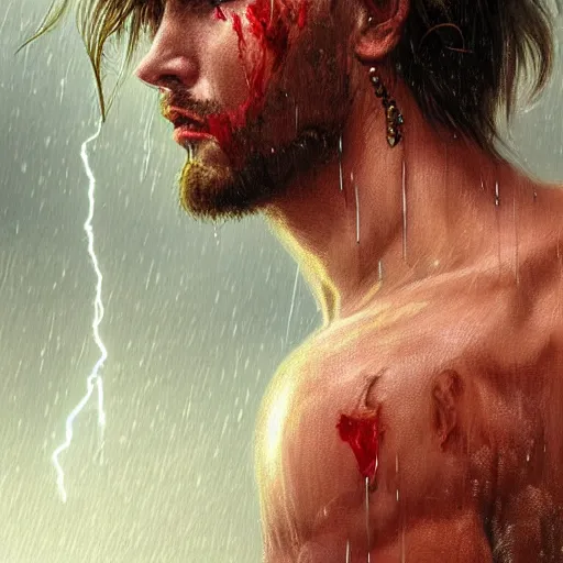 Image similar to portrait of a male warrior bruised and bleeding, raining, lightning strike in background, intricate, headshot, highly detailed, digital painting, artstation, concept art, sharp focus, cinematic lighting, illustration, art by artgerm and greg rutkowski, alphonse mucha, cgsociety