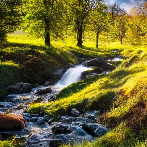 Image similar to landscape photography, warm sun, cozy stream, cows on the meadow, 4k