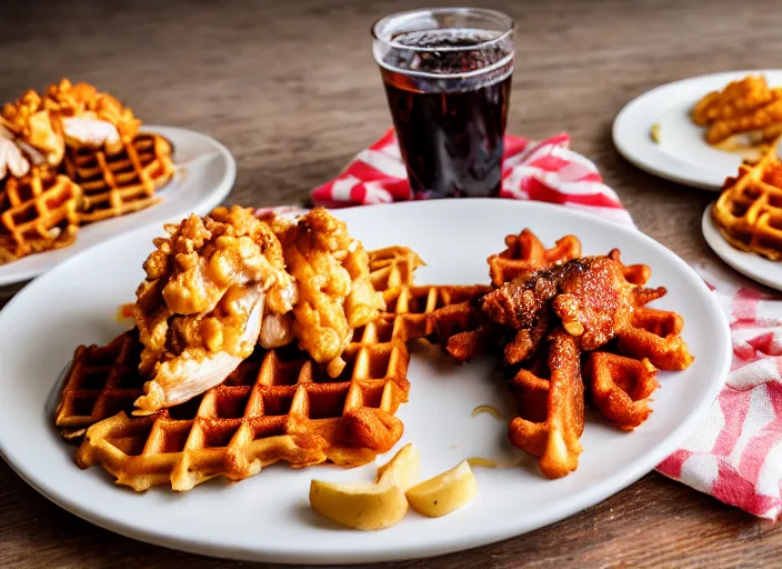 Image similar to dslr food photograph of chicken and waffles with a side of coke slaw, 8 5 mm f 1. 8