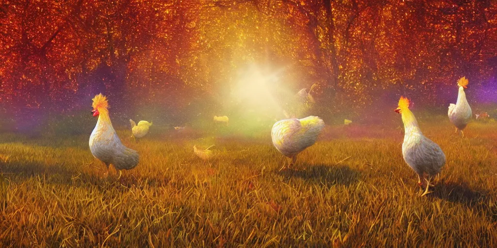 Image similar to magical sparkling chickens frolicking in a field, autumn, sparkles, light beams, photorealistic, hyperrealistic, 8 k, trending on artstation