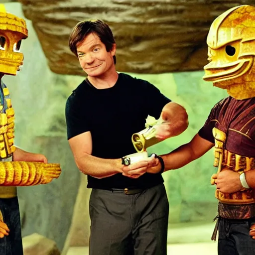 Image similar to a screen still of jason bateman participating in the show legends of the hidden temple.