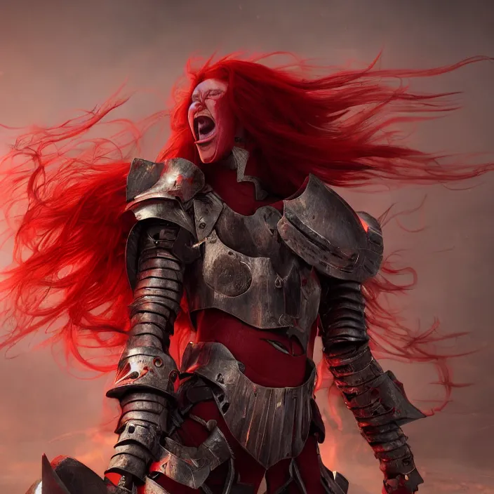 Image similar to a girl with a long red hair wearing a full-body red plate armor screaming in a battlefield, anatomically correct, hyperrealistic, concept art, octane render, unreal engine 5, 8K HDR, highly detailed, high quality, fantasy armor