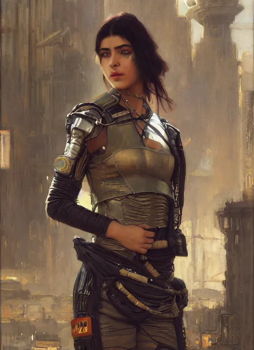 Prompt: beautiful cyberpunk pilot wearing military vest. Iranian orientalist portrait by john william waterhouse and Edwin Longsden Long and Theodore Ralli and Nasreddine Dinet, oil on canvas. Cinematic, hyper realism, dramatic lighting, high detail 4k