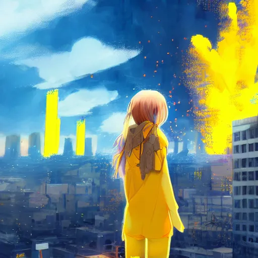 Image similar to anime ukrainian girl, in blue and yellow clothes, watching explosions in big city, concept art, trending on artstation, highly detailed, intricate, sharp focus, digital art, 8 k