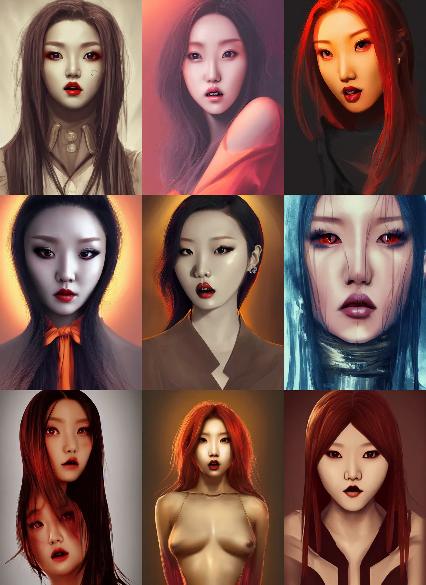 Prompt: hwasa as a vampire. intricate clothes, semi realism, anime realism, symmetrical face, slim face, appealing, photorealism, uhd, amazing depth, glowing, golden ratio, sakimichan, greg rutowski, volumetric lighting, cinematic lighting, red orange lighting, artstation concept art