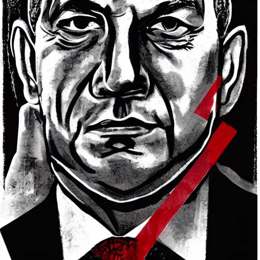 Image similar to portrait of benjamin netanyahu as a godfather, neo noir, dark, foreboding, black white grey red color palette