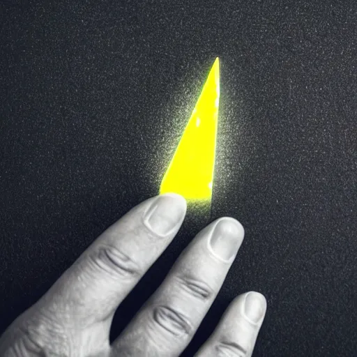 Prompt: a black gloved hand holding a dimly glowing triangular shard of kryptonite in pitch dark, black background