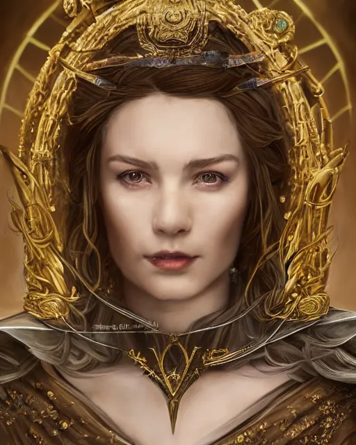 Image similar to a portrait of a muse of beauty, Elspeth Knight Errant, long flowing cape and cowl, silver and gold heavy armor, long magical staff with ruby gems, young female face, rune magic, cinematic top lighting, insanely detailed and intricate, face by wlop, Charlie Bowater, golden ratio, face close up, symmetric, elegant, ornate, luxury, elite, matte painting, MTG, magic the gathering, cinematic, cgsociety, 8k, high resolution, trending on artstation, deviantart and pinterest