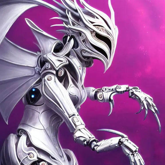 Prompt: highly detailed exquisite fanart, of a beautiful female warframe, but as an anthropomorphic elegant robot female dragon, shiny white silver plated armor engraved, robot dragon head, Fuchsia skin beneath the armor, sharp claws, long sleek tail behind, robot dragon hands and feet, two arms and legs, elegant pose, close-up shot, full body shot, epic cinematic shot, professional digital art, high end digital art, singular, realistic, DeviantArt, artstation, Furaffinity, 8k HD render, epic lighting, depth of field