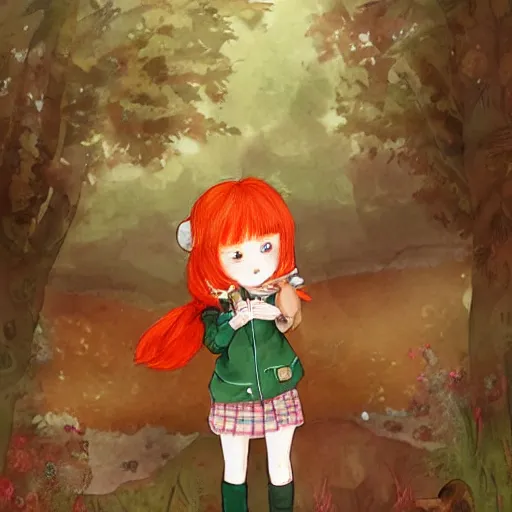 Prompt: A cute cartoon ginger girl with red hair, wearing a brown green jacket, digital art, Akihiko Yoshida