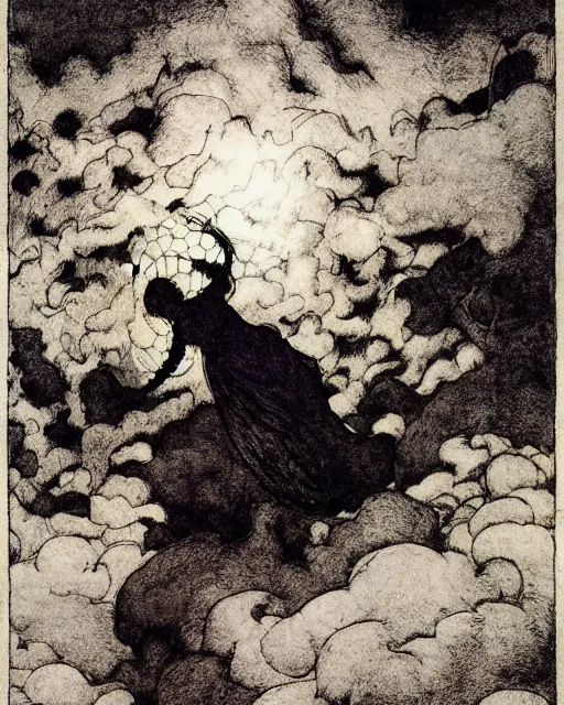 Image similar to a person conjuring!!! an image!!! from a cloud of noise!!!, by arthur rackham, maxfield parrish, and larry elmore, intricate, chaotic, fantasy realism, hopeful, volumetric lighting