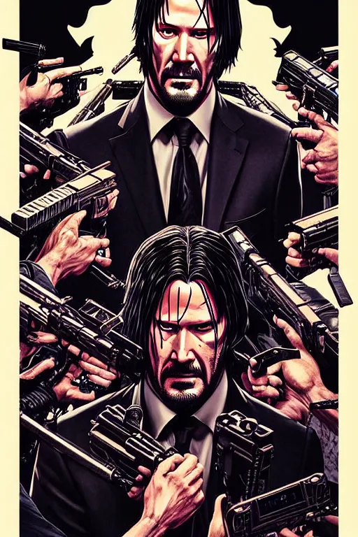 Image similar to poster of john wick, by yoichi hatakenaka, masamune shirow, josan gonzales and dan mumford, ayami kojima, takato yamamoto, barclay shaw, karol bak, yukito kishiro, highly detailed