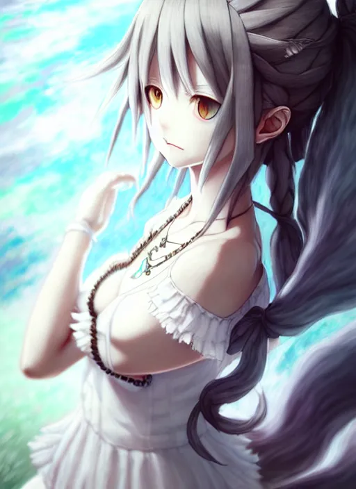 Image similar to a portrait of nekomimi wearing white dress an ultrafine detailed painting, detailed painting, detailed eyes!!, final fantasy octopath traveler lovecraft realistic hands cosmic horror