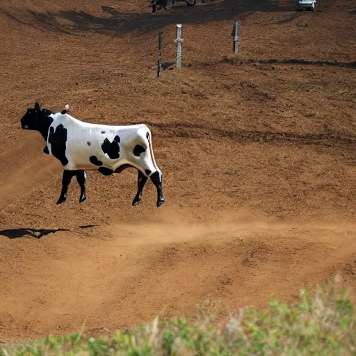 Image similar to a cow standing on a motocross jump