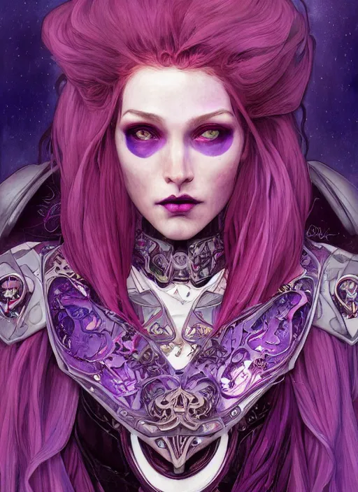 Image similar to close up portrait vampire with purple hair in sci - fi bionic armor, highly detailed, very intricate, art nouveau, red filigree, romantic storybook fantasy, soft cinematic lighting, award - winning, disney concept art watercolor illustration by mandy jurgens and alphonse mucha and alena aenami, pastel color palette, featured on artstation