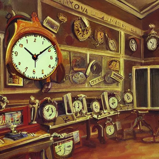 Prompt: A strange room full of clocks that has been used for testing new. inventions and features a flower crown, painting by Bob Ross