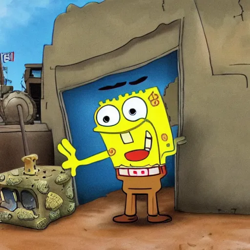 Image similar to spongebob invading of Iraq l historical image circa 2003, photo, still, photorealistic