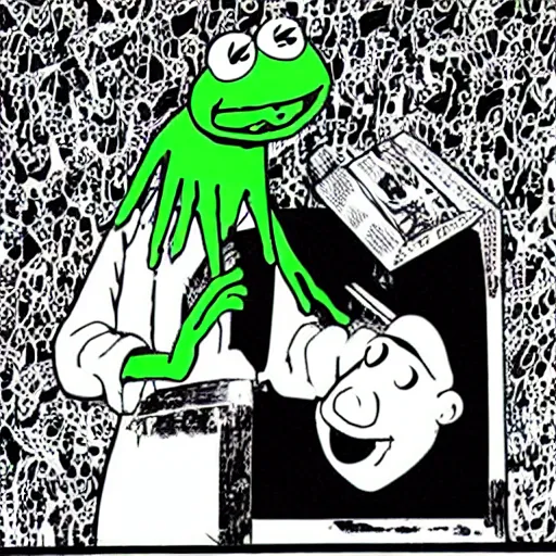 Prompt: Kermit the Frog from Sesame Street in a Junji Ito horror comic