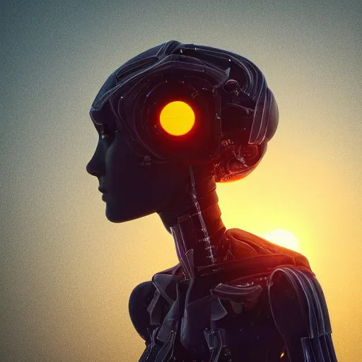 Image similar to beautiful Fine art photography of a solarpunk part robot part human girl with real human face and shoulders, white background, highly detailed, medium shot, photorealism, sunset lighting 8k